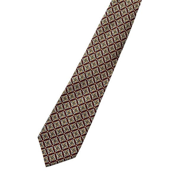 Collection XXI by Richel Men's 100% Silk Tie Burgundy Blue Yellow Geometric 90's - Picture 1 of 6